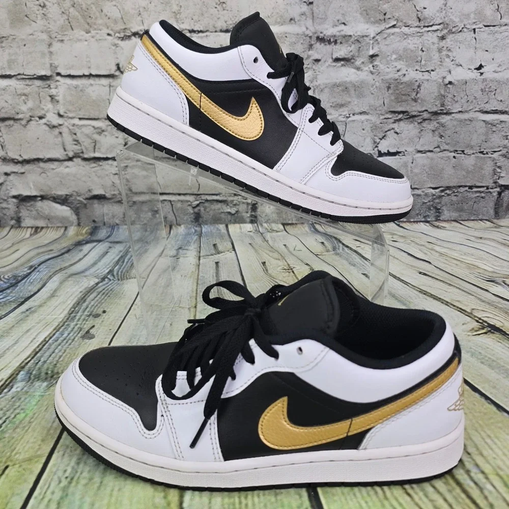 Nike Air Jordan 1 Low Sneakers 7Y White Black Gold Metallic Leather 553560-127